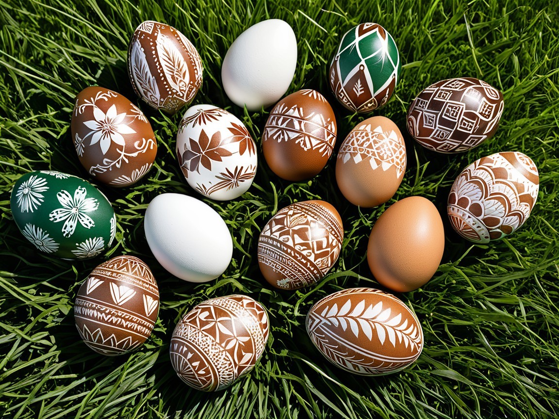 Decorated Eggs on Green Grass with Intricate Patterns