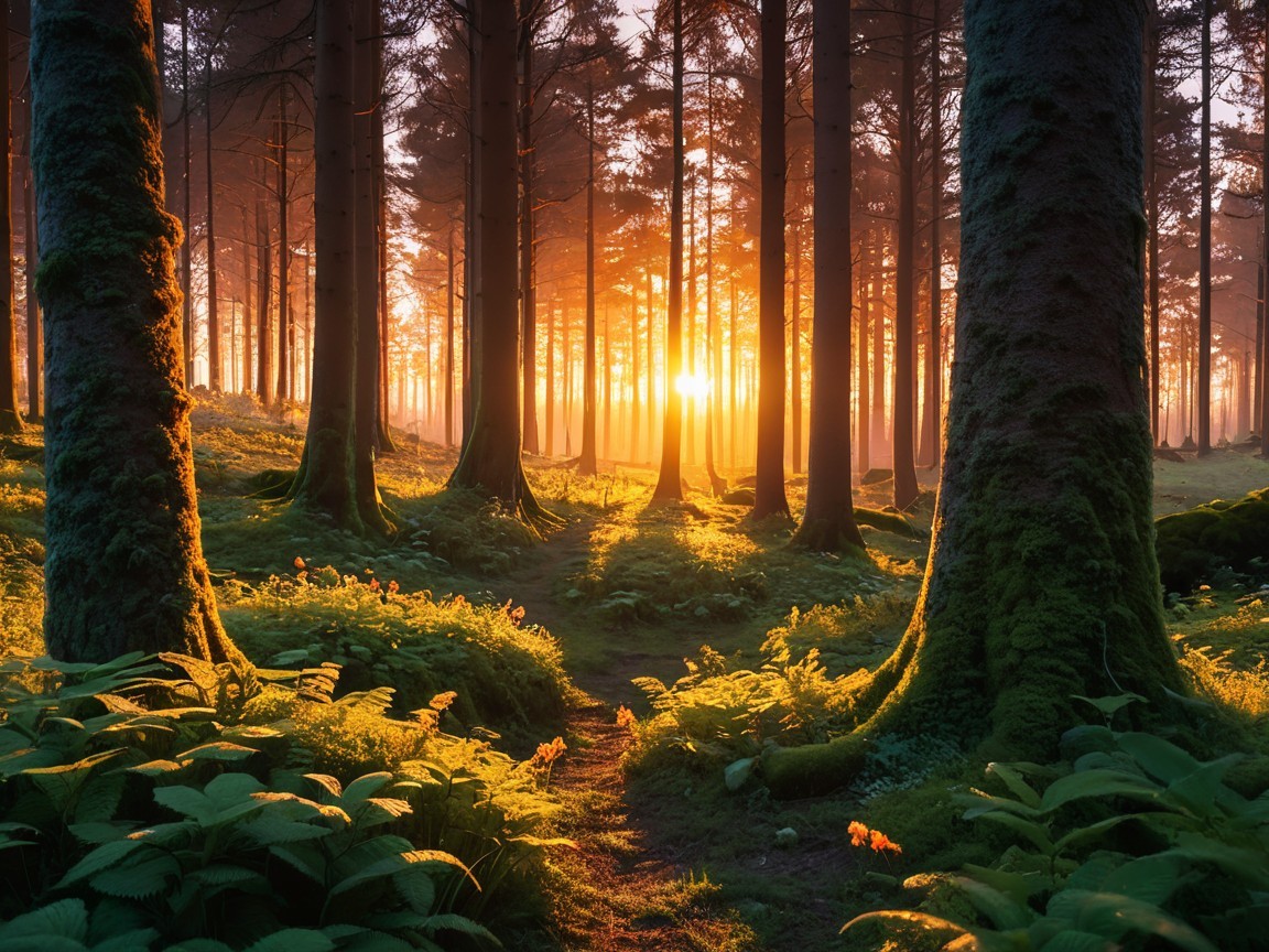 Serene Forest Scene at Sunrise with Golden Light
