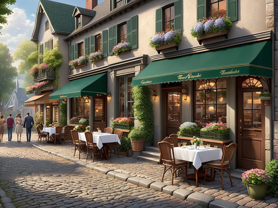 Charming Cobblestone Street with Outdoor Dining and Flowers