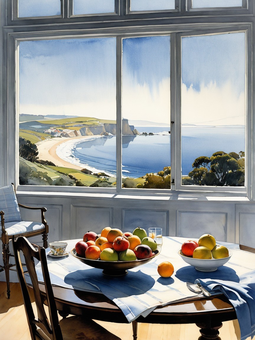 Watercolor Still Life of Fruit and Coastal Landscape