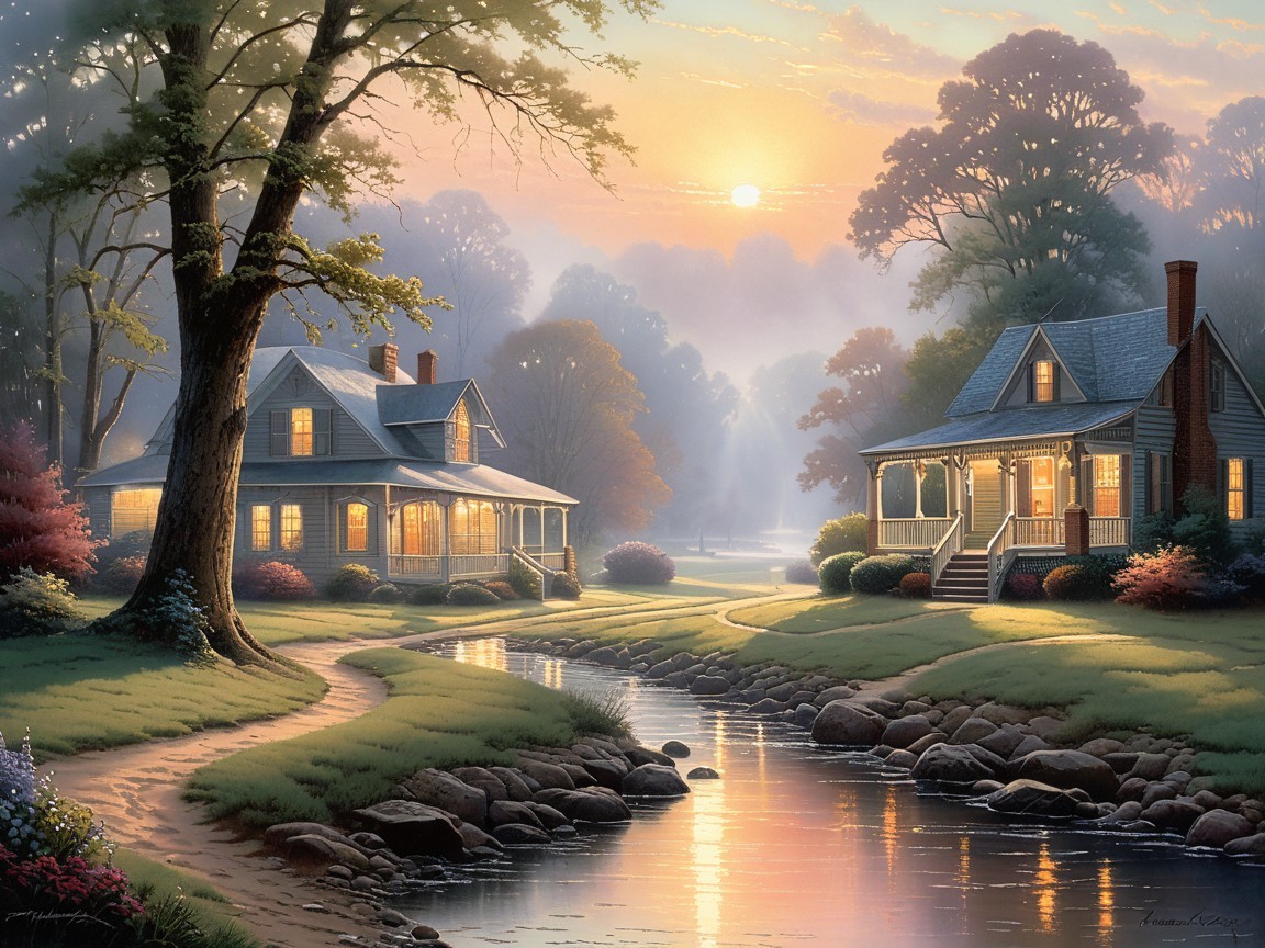 Rustic Houses at Sunrise with Glowing Windows