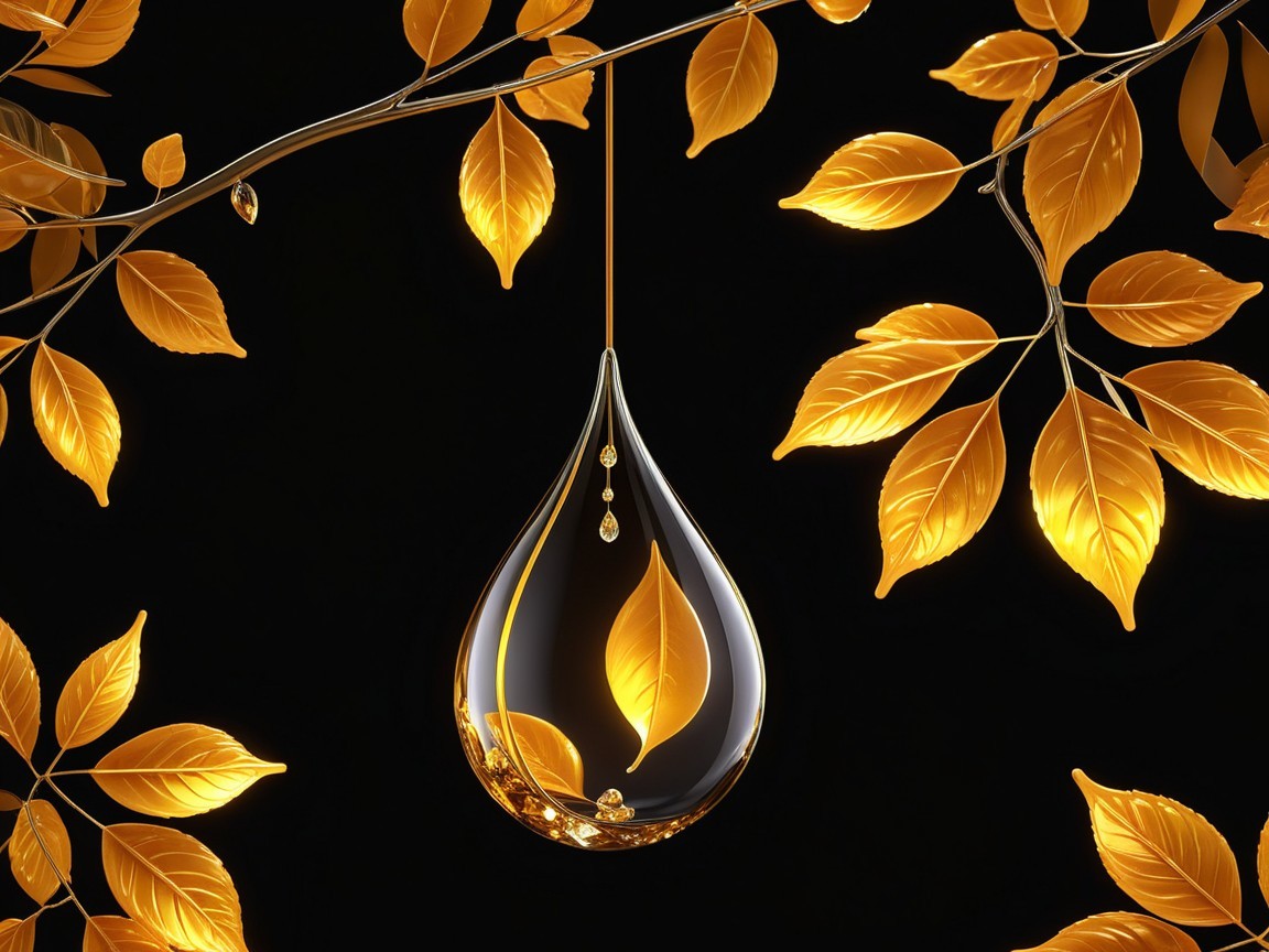 Glossy Droplet on Branch with Golden Leaves