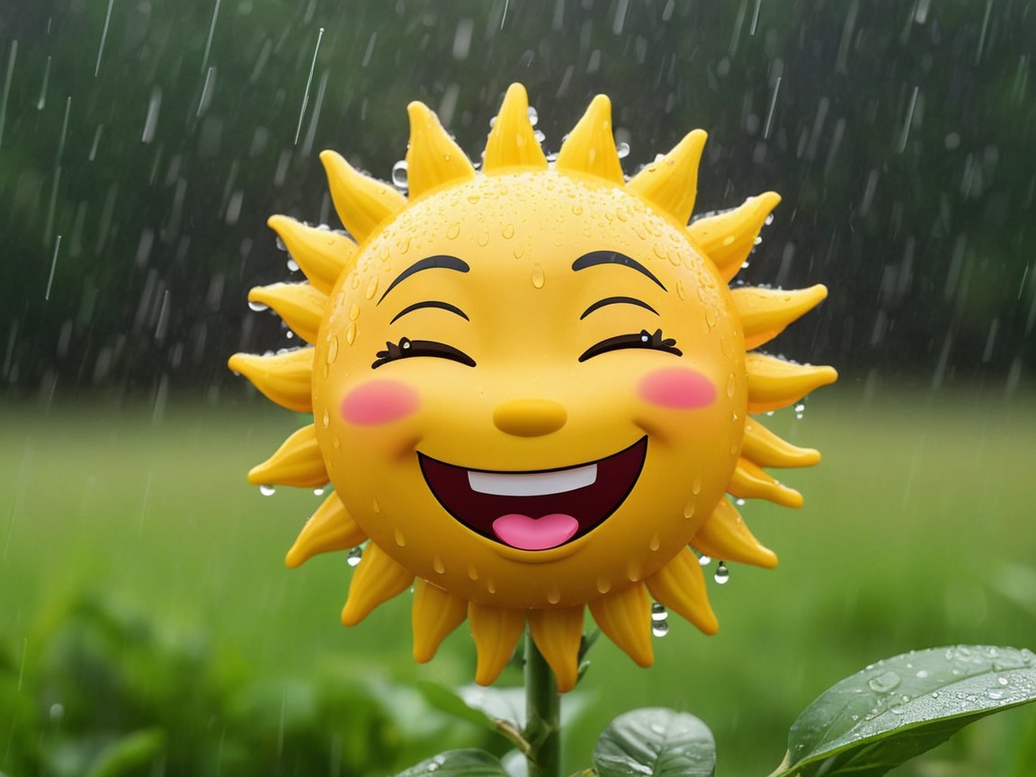 Cartoon Sun with Smile Amidst Rainy Background