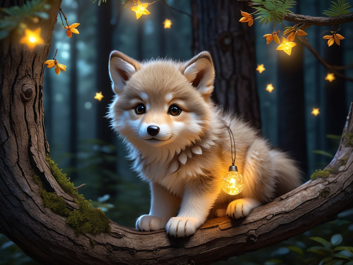 Fluffy fox pup resting on tree branch at dusk