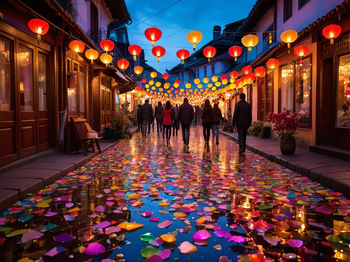 Vibrant Street Scene with Colorful Lanterns and Shops