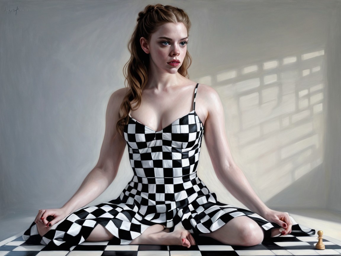 Digital Painting of Woman on Checkered Floor