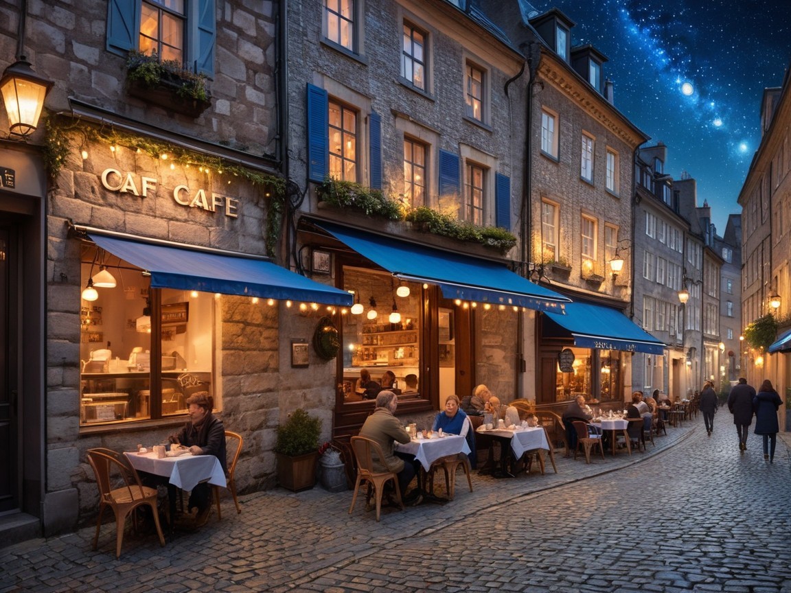 Charming Cobblestone Street with Cozy Cafes and Stars
