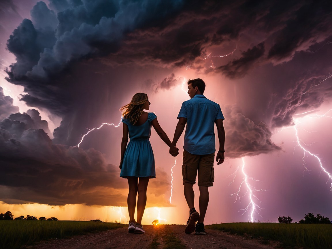 Couple Walking on Path Under Stormy Sky and Sunset