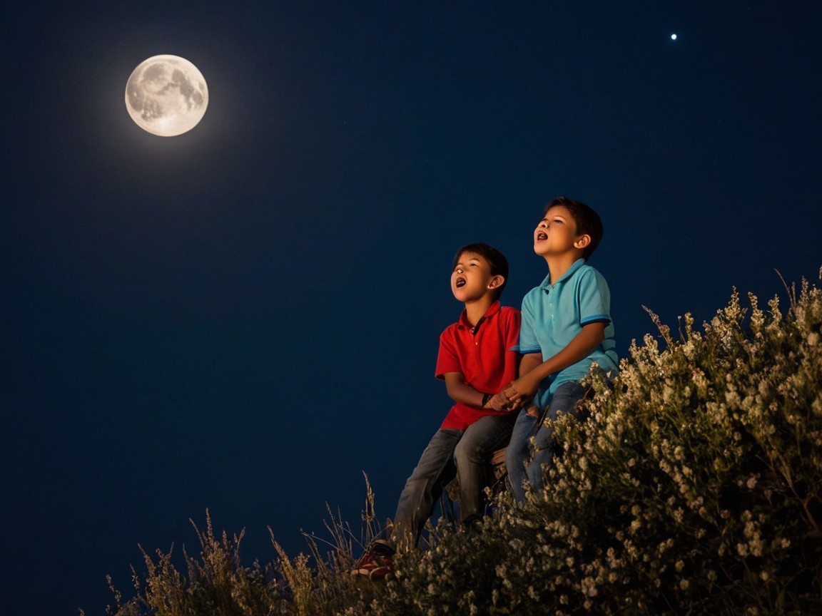 Boys in shirts observe moon and star on hillside