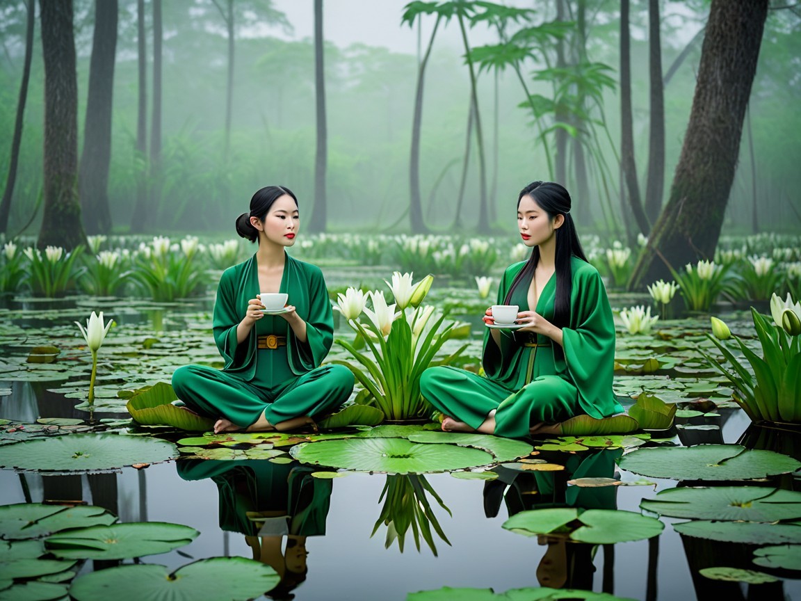 Women in Green Outfits on Lily Pads in Misty Landscape
