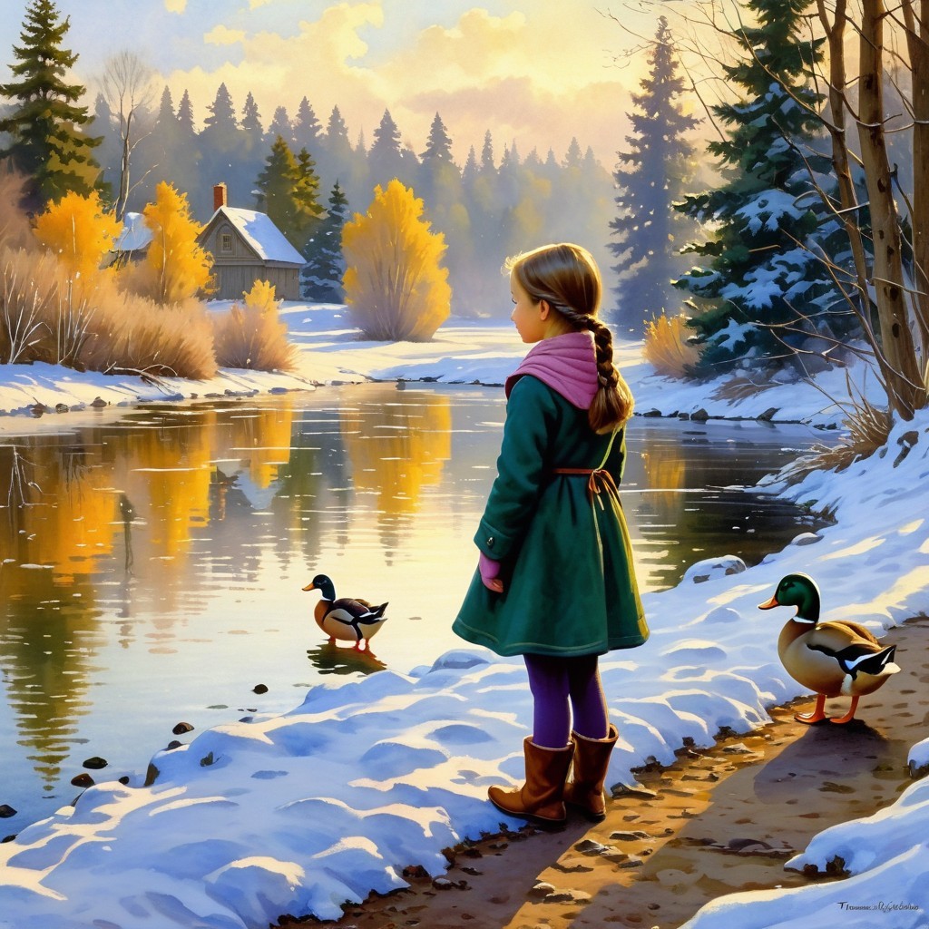 Winter Landscape with Girl by Tranquil River