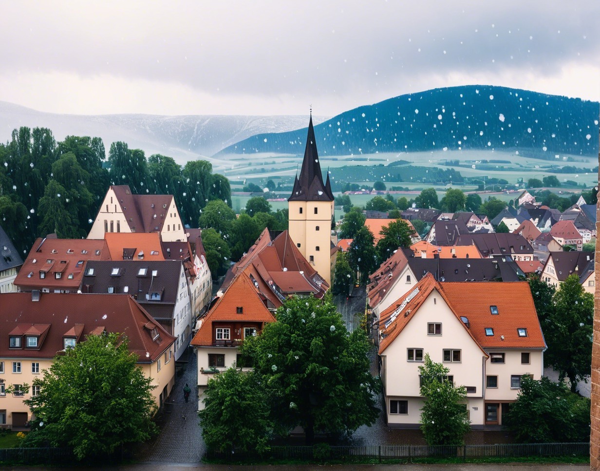 Medieval Town with Church Spire and Rolling Hills