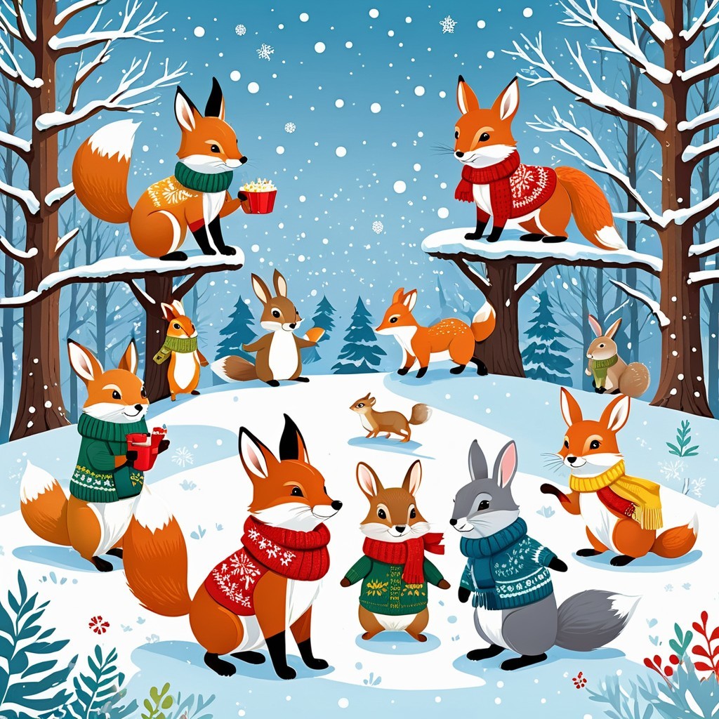 Cheerful winter scene with cartoon foxes and rabbit
