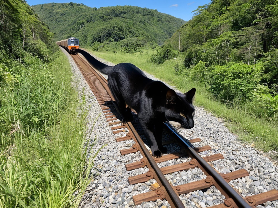 Giant Black Cat on Railway Track in Lush Landscape