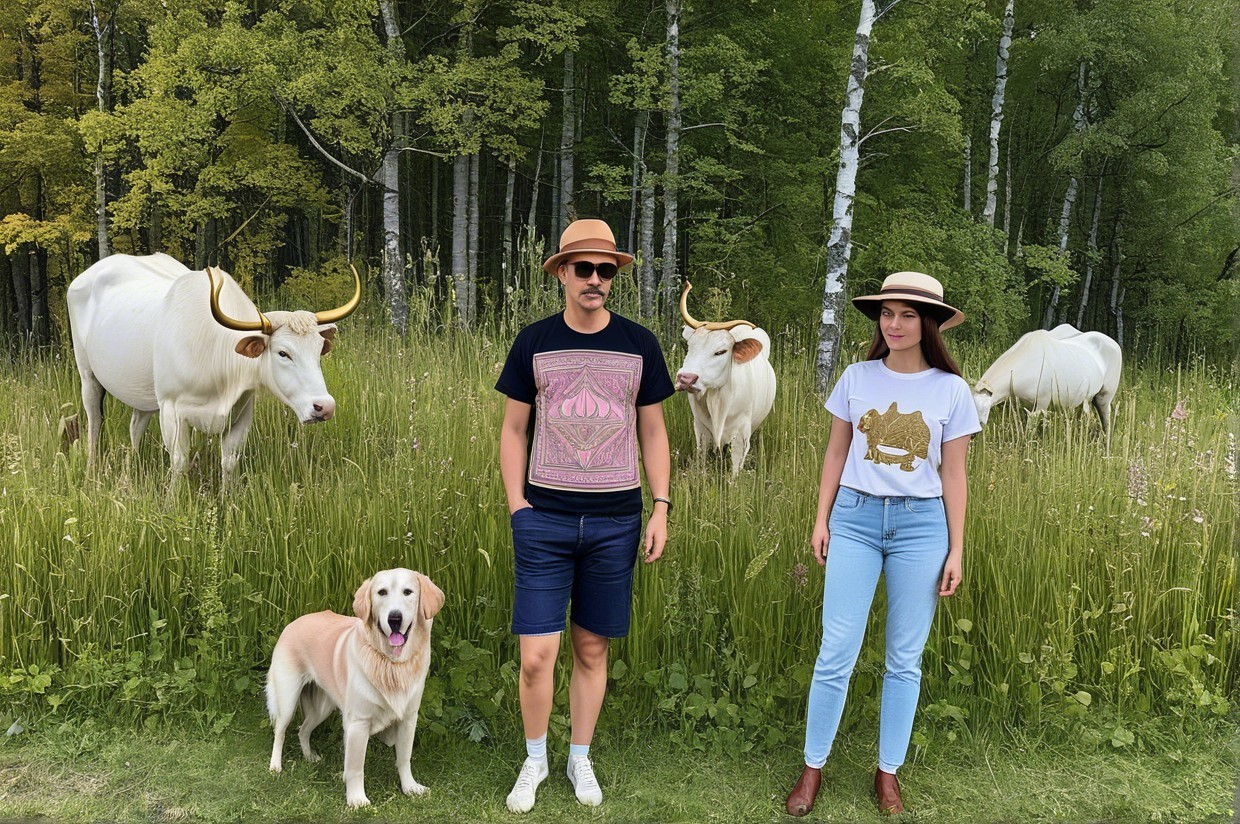 Countryside Scene with People, Cows, and Dog