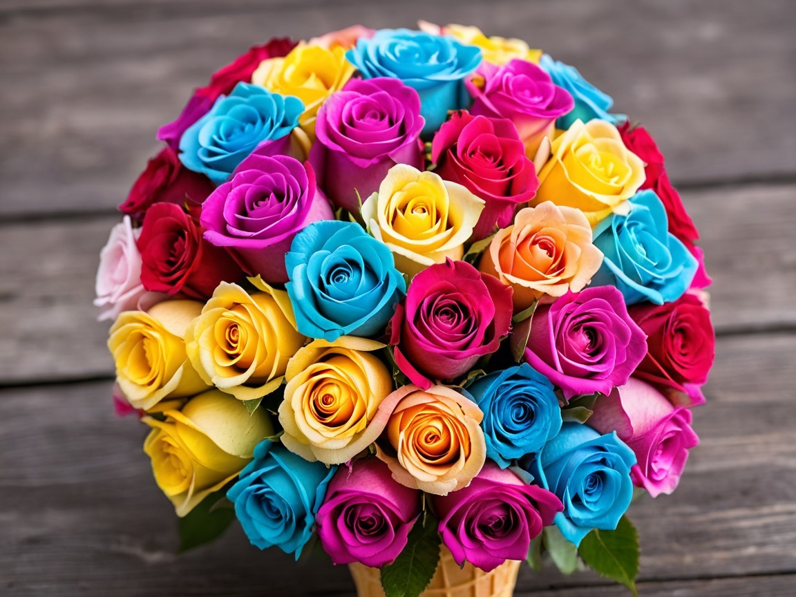 Vibrant Multicolored Rose Bouquet on Rustic Wood