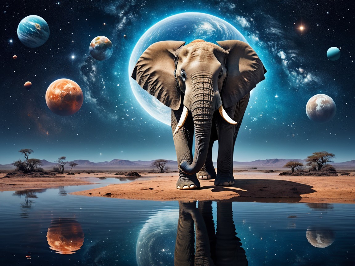 Elephant by Water with Cosmic Background and Trees