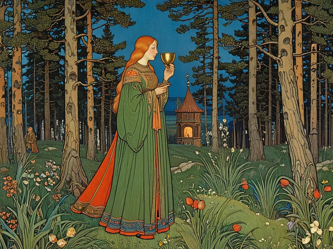 Mystical Woman with Chalice in Enchanted Forest