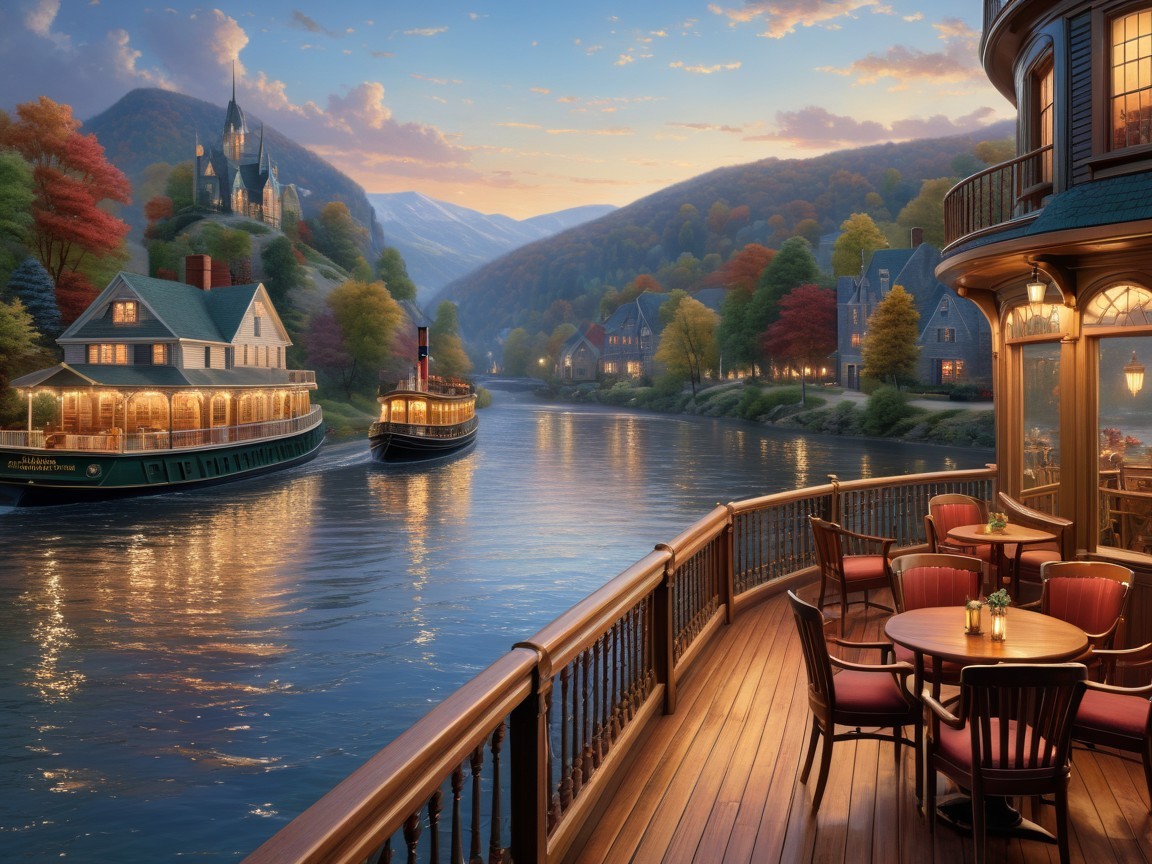 Wooden Balcony View of River and Sunset Landscape