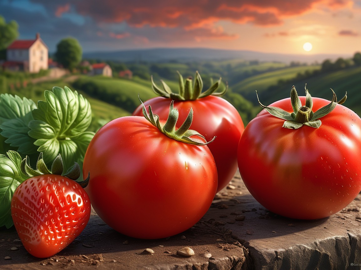 Fresh Red Tomatoes and Strawberries on Rustic Wood
