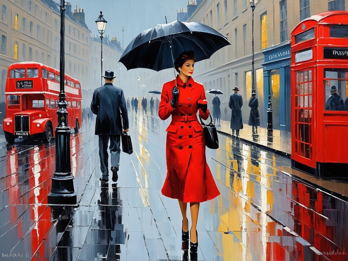 Stylish Woman in Red Coat on Wet City Street