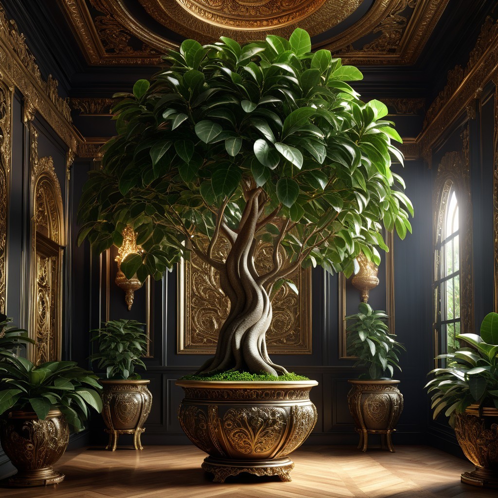 Elegant Indoor Space with Twisted Tree and Gold Accents