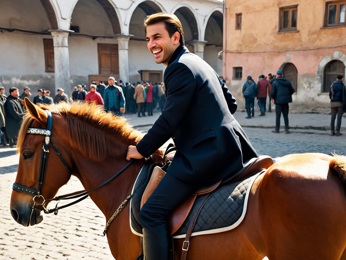 Young Man Riding Brown Horse in Black Suit