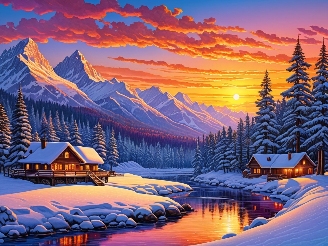 Serene Winter Landscape with Cozy Cabins and Mountains