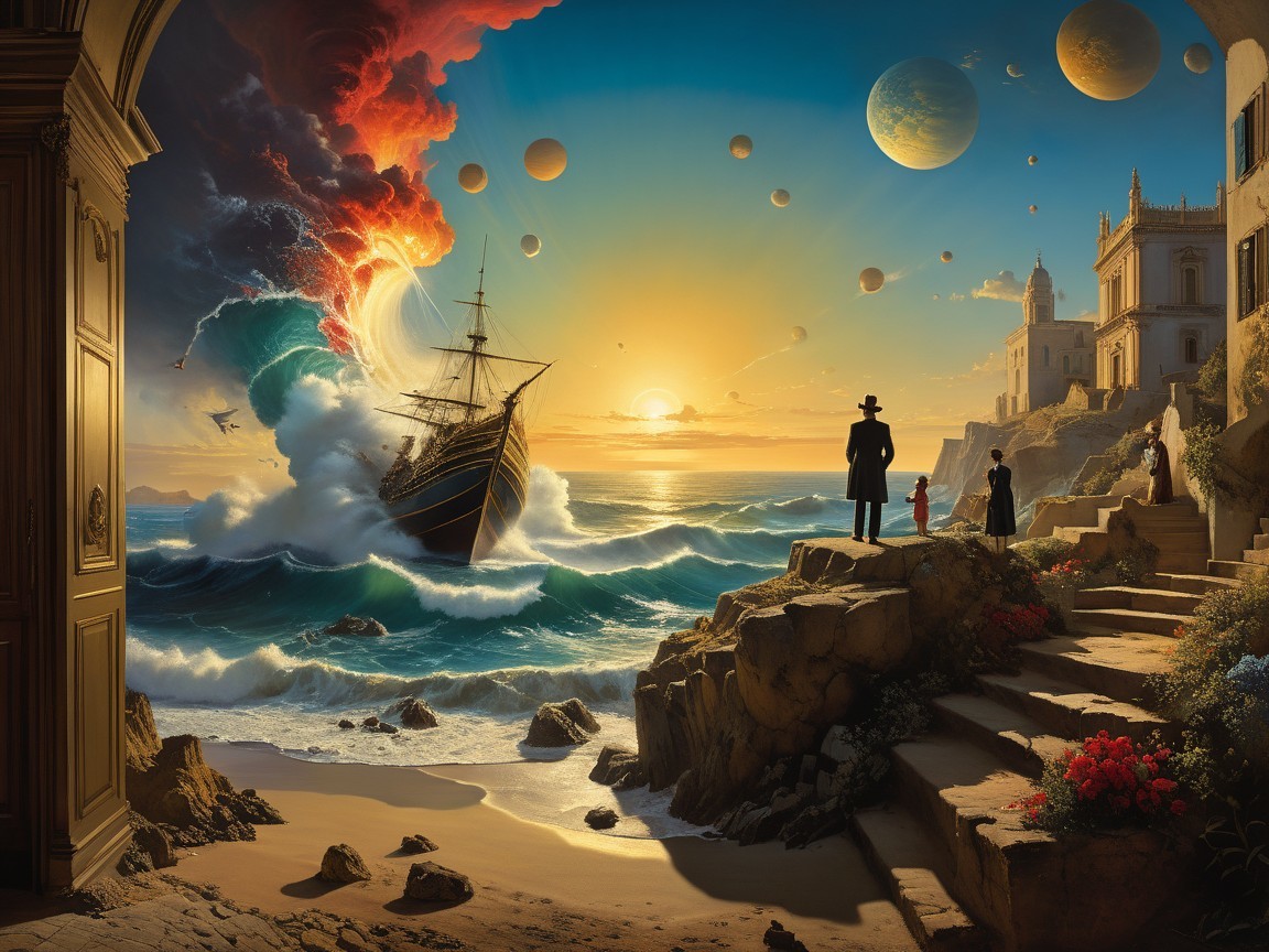 Surreal Ship Sailing Through Cosmic Waves and Sunset