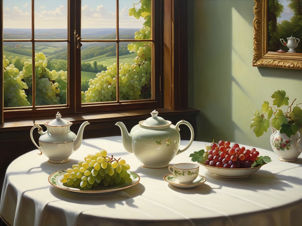 Still Life of Teapots and Grapes by a Window