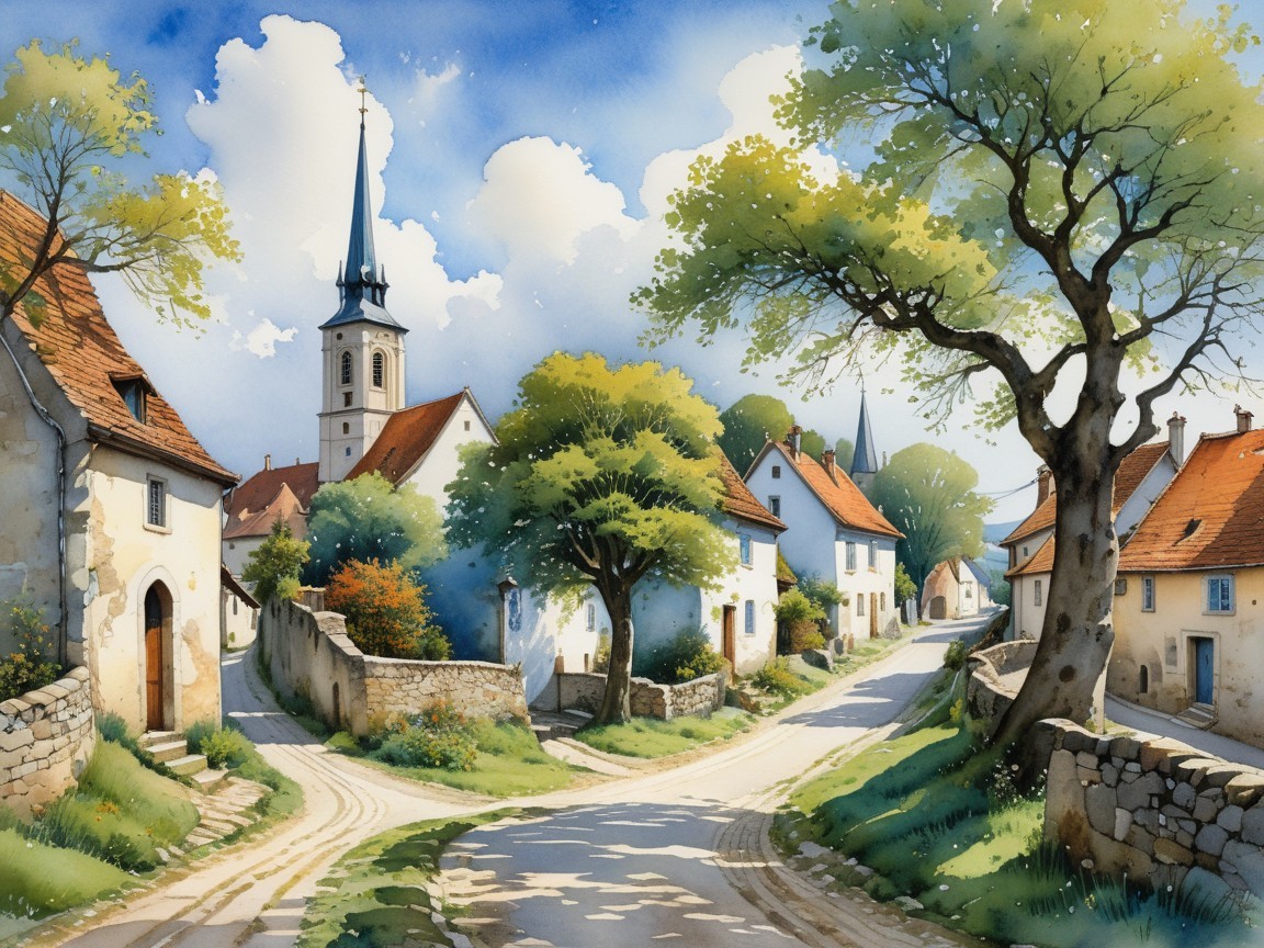 Charming Village Scene with Rustic Houses and Steeple