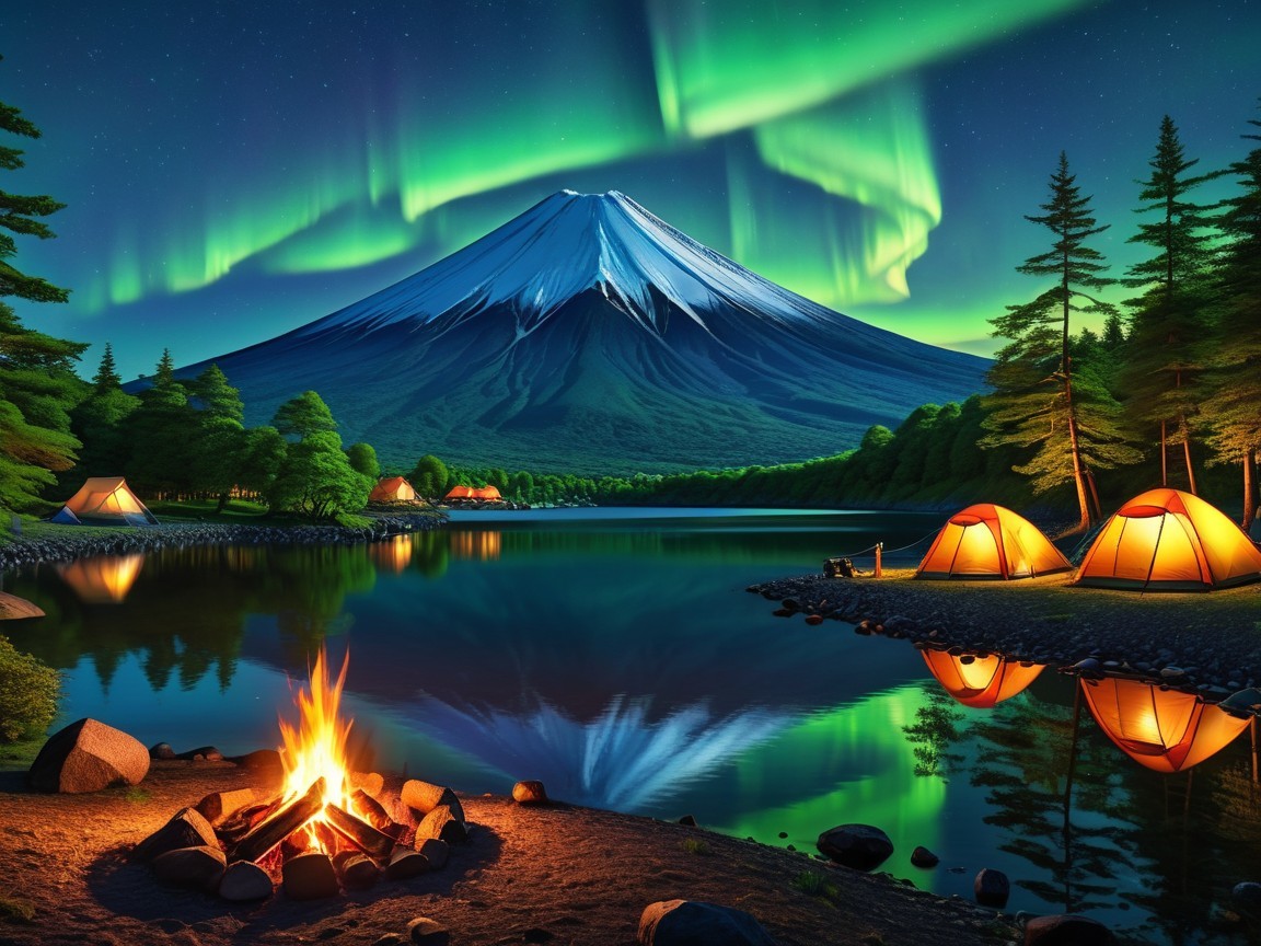 Serene Campsite by Lake with Mount Fuji and Auroras