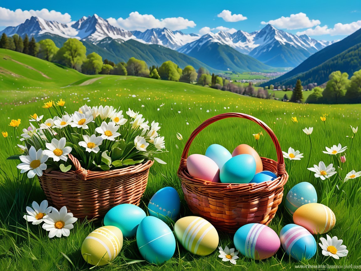 Vibrant Spring Landscape with Daisies and Easter Eggs