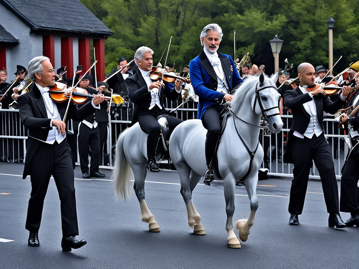 Elegant Horseback Musicians in a Festive Procession