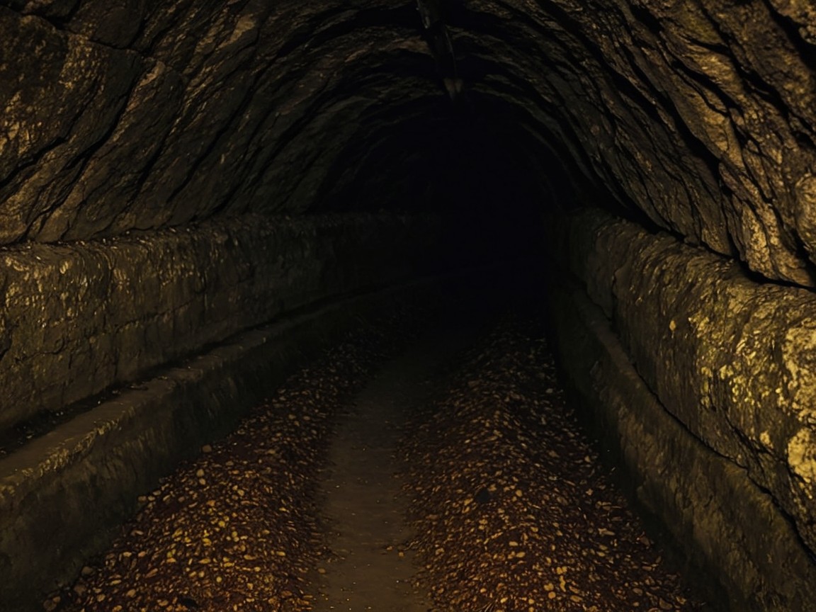 Underground Tunnel with Stone Walls and Dark Pathway
