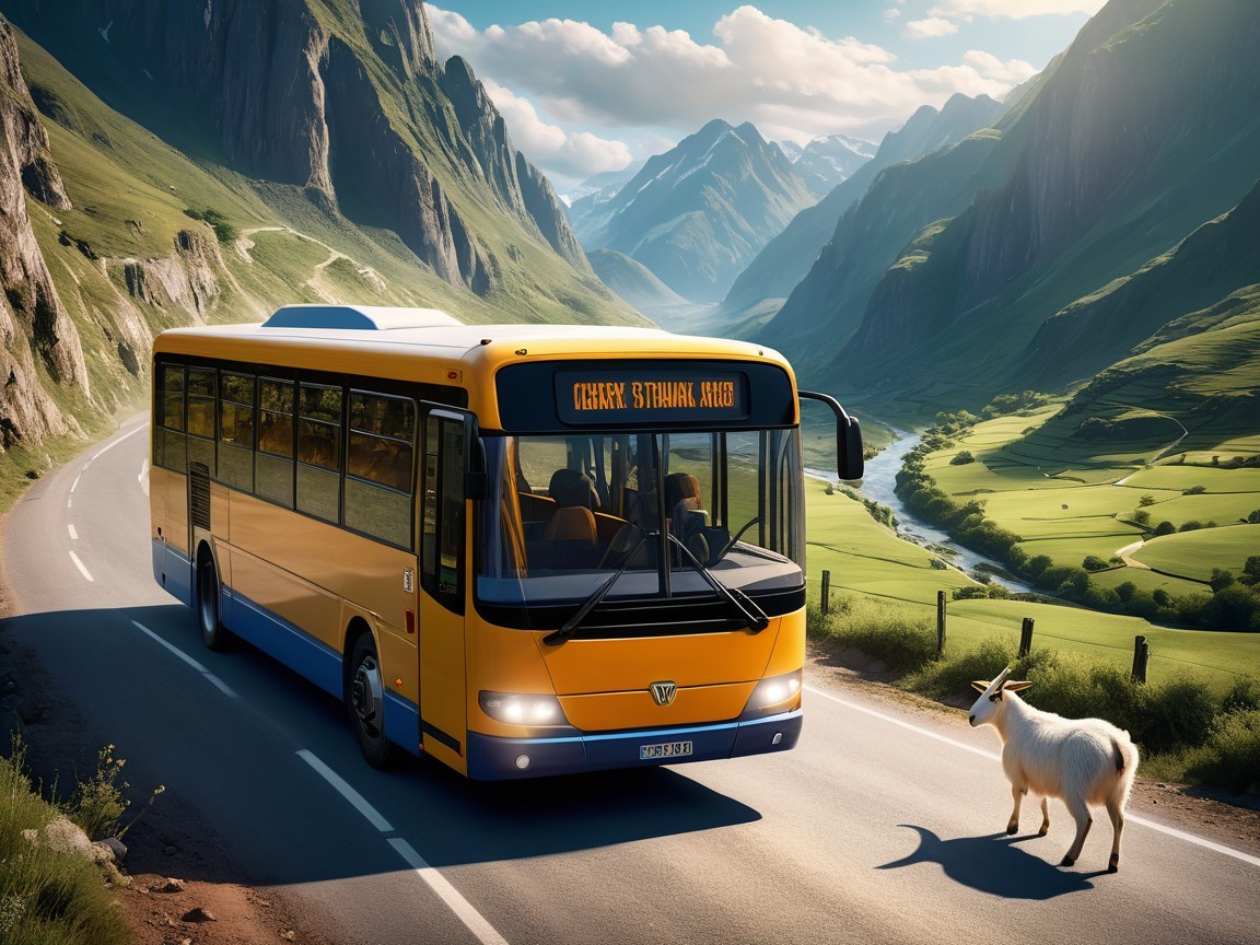 Vibrant yellow bus on scenic mountain road with goat