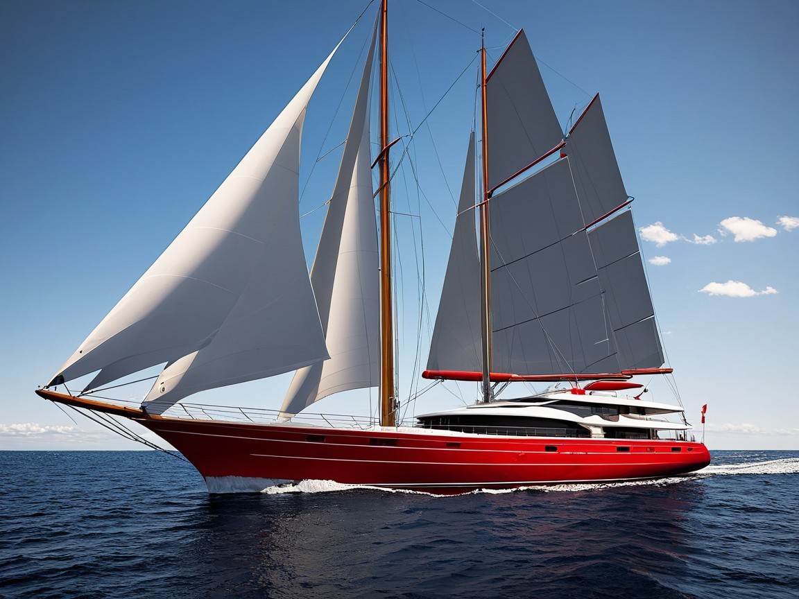 Red Sailing Yacht on Blue Waters Under Clear Sky