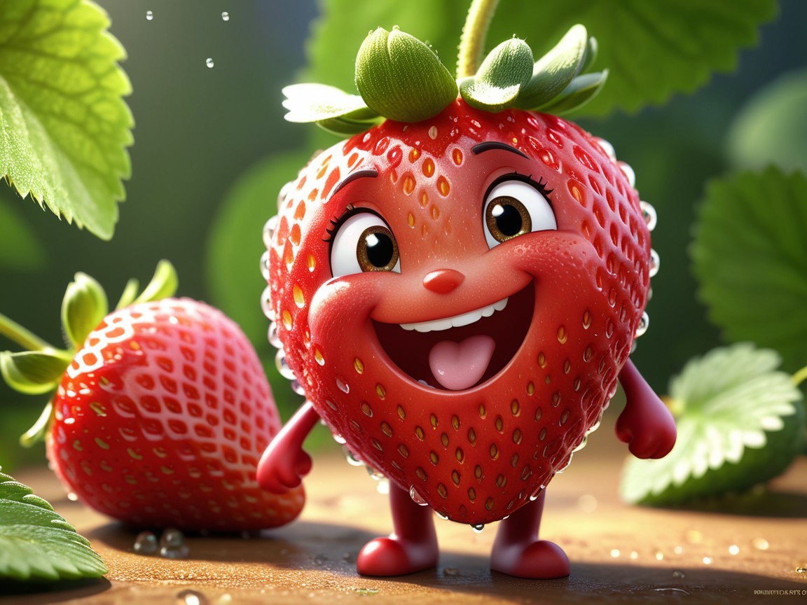 Cheerful anthropomorphic strawberry character in greenery