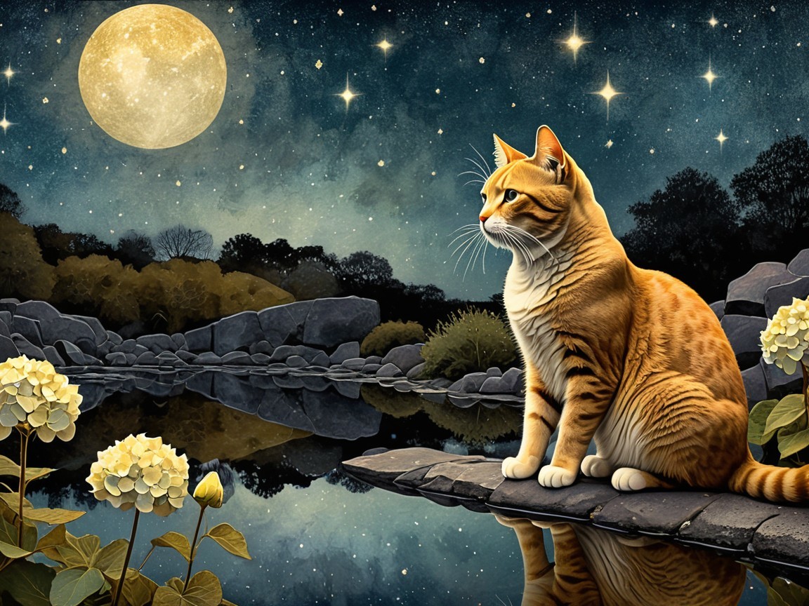 Whimsical Painting of Orange Tabby Cat by a Pond
