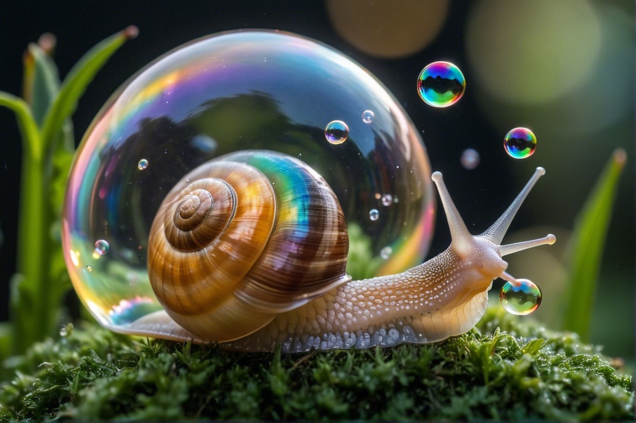 Snail on Moss Inside Colorful Soap Bubble and Droplets