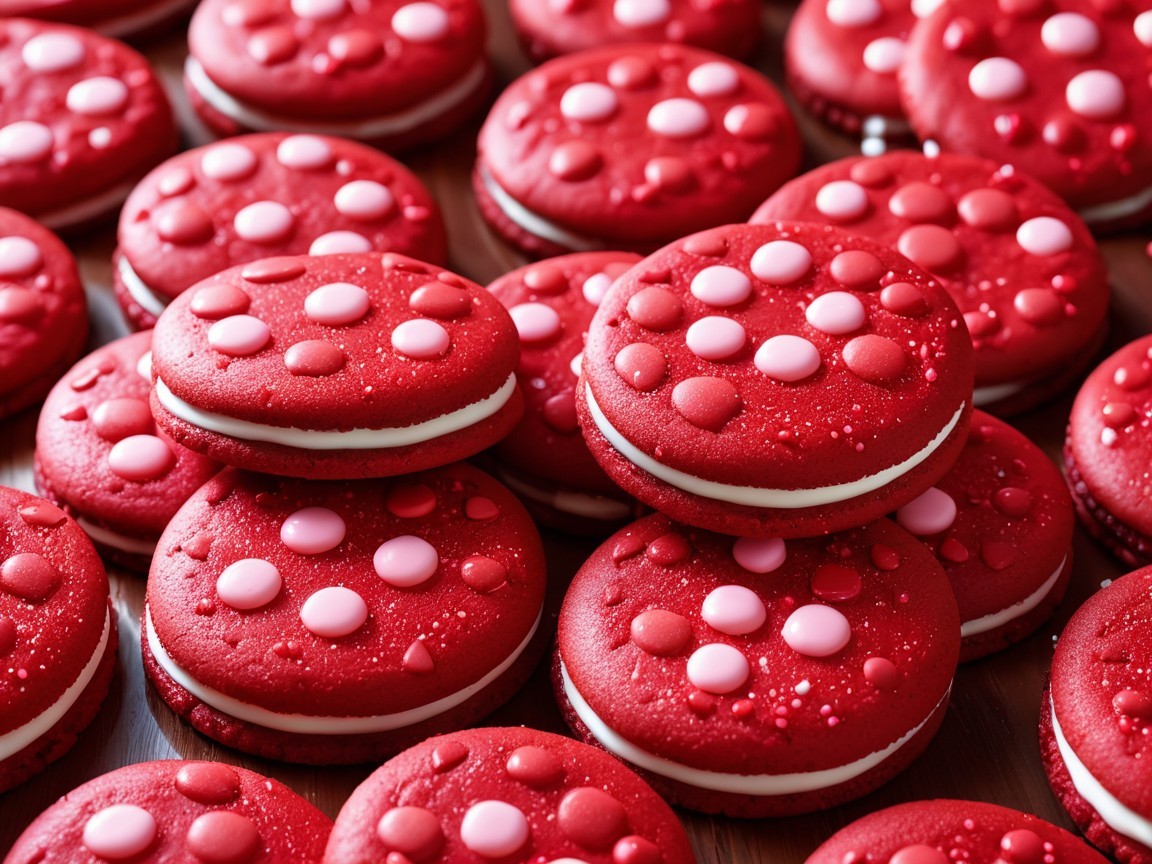 Vibrant Red Macarons with Polka Dot Decorations