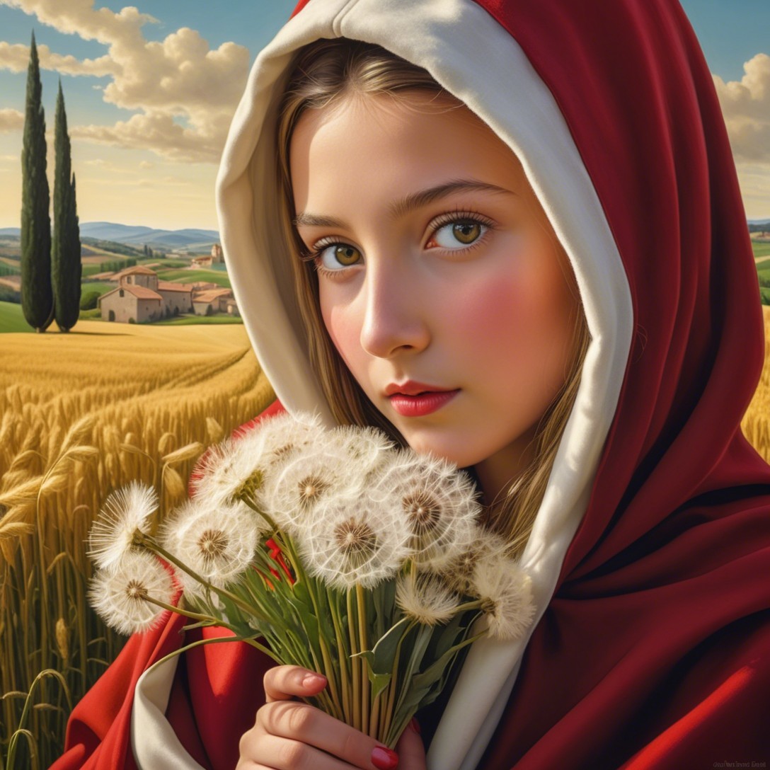 Young girl in red hood holding dandelions in wheat field