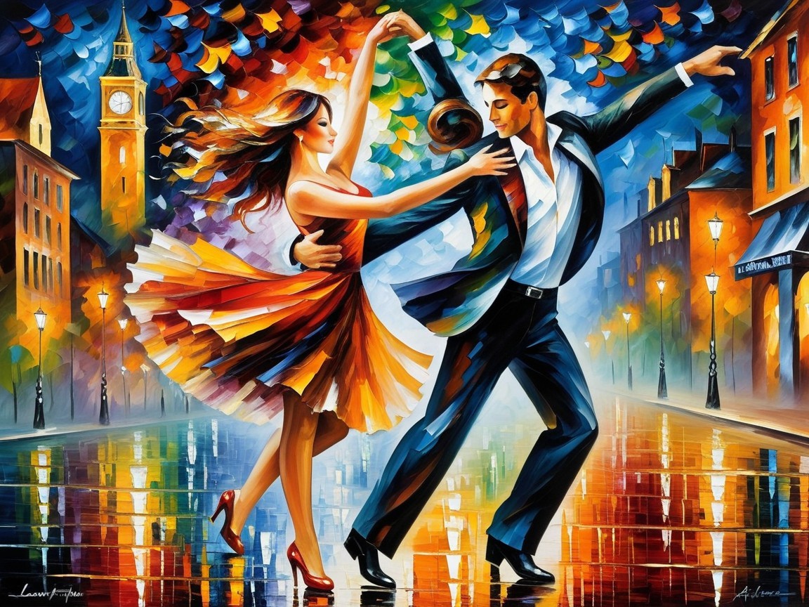 Couple Dancing in Colorful Rain-Soaked Cityscape