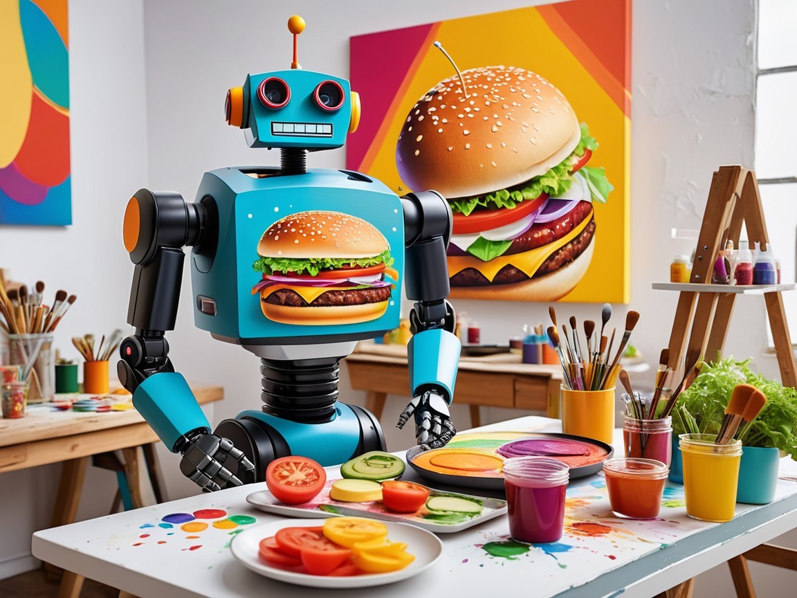 Cartoon Robot in Art Studio with Cooking Ingredients