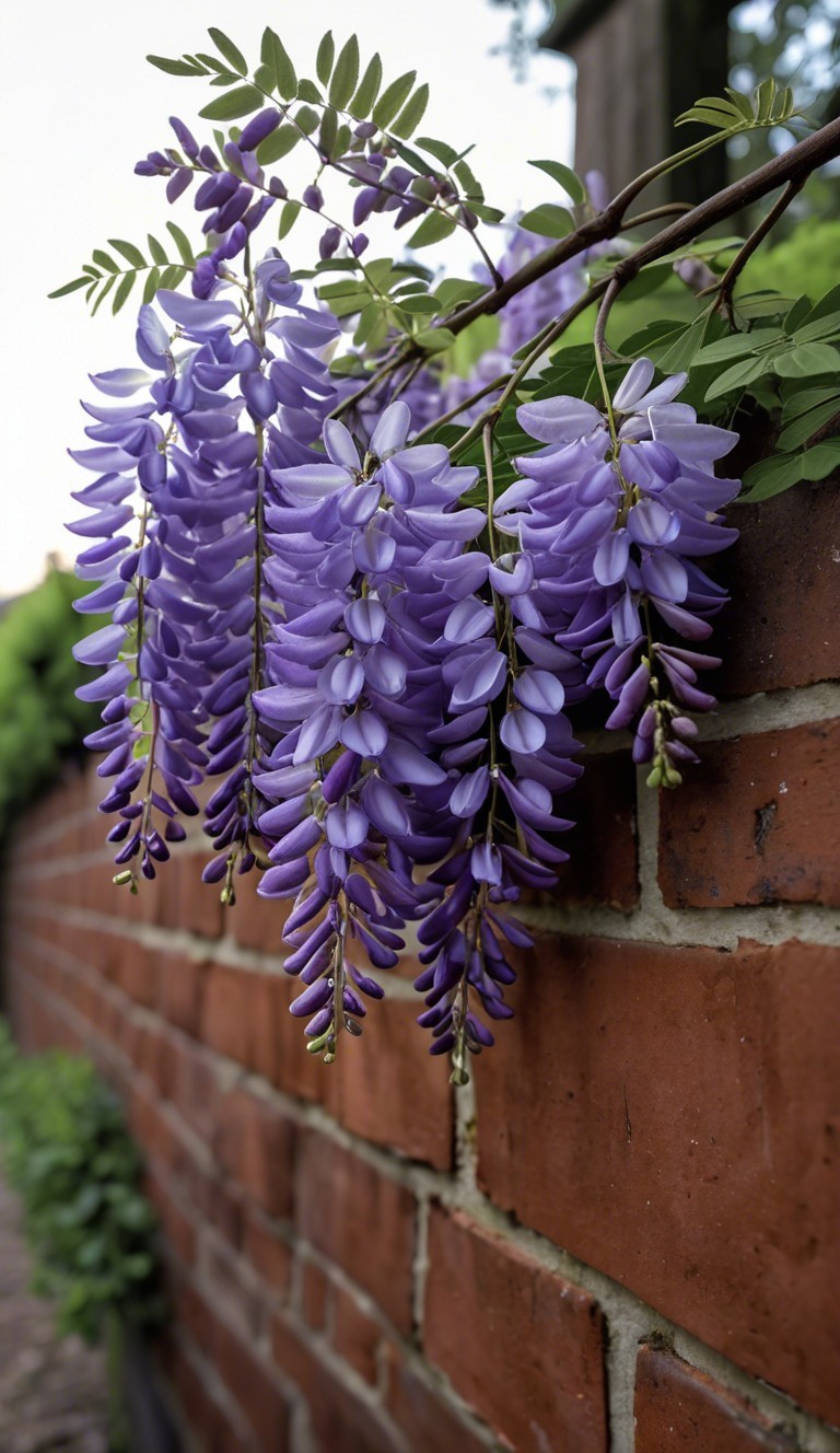 Vibrant Purple Wisteria Blooms Against Brick Wall