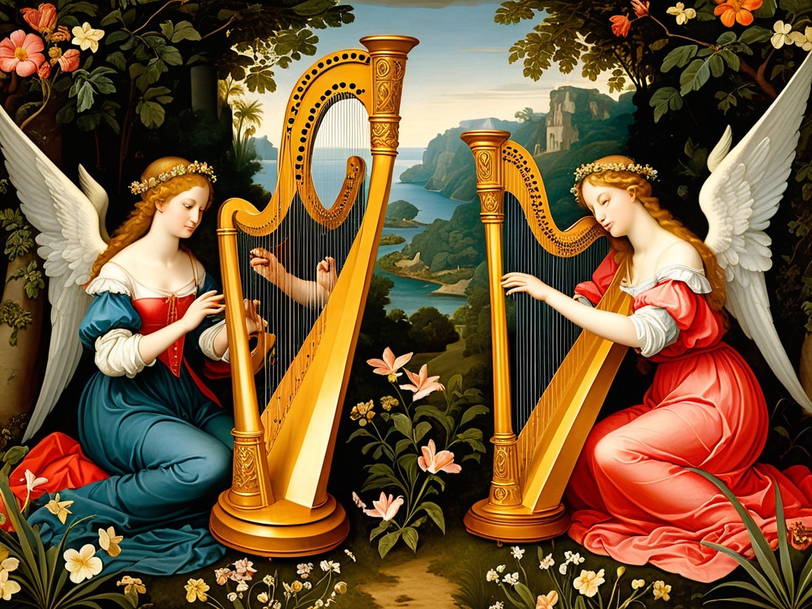 Angels Playing Harps in a Serene Landscape
