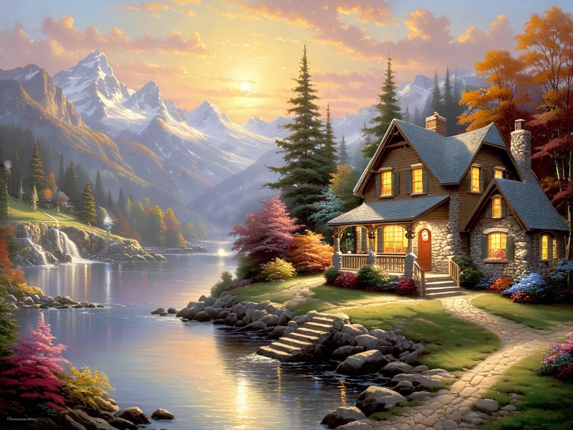 Stone Cottage by Tranquil Lake Amid Autumn Foliage