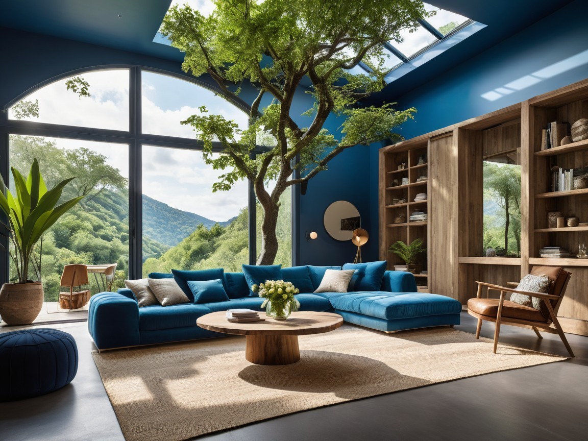 Vibrant Living Room with Blue Color Scheme and Tree