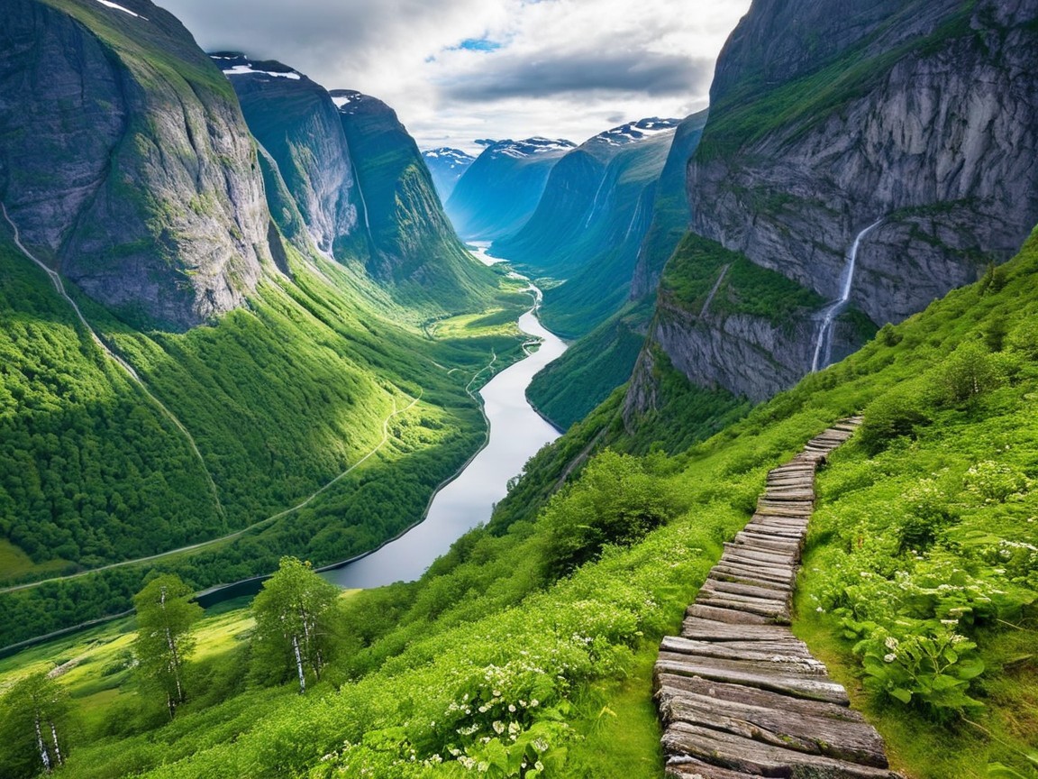 Winding Wooden Path on Grassy Hillside by River