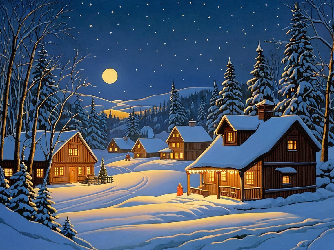 Winter Village Night Scene with Snow and Moonlight